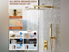 Gold Shower System, 12 Square Rainfall Shower Head with Handheld Combo Spray, Bathroom Brushed Gold Shower Faucet Set with Valve, 59' Shower Hose, Shower Trim Kit and Diverter, Wall Mounted 126