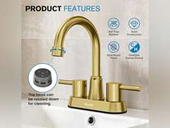 Gold Bthroom Faucet, Brushed Gold Bathroom Faucet, Gold Faucets for Bathroom Vanity, 4 Inch 2 Handle Centerset, Lead-Free, with Copper Pop Up Drain (Brushed Gold) 30