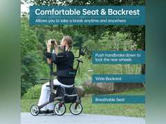 ELENKER Upright Walker, Stand Up Folding Rollator Walker with 10 Front Wheels Backrest Seat and Padded Armrests for Seniors and Adults, Carbon Fiber Black 263
