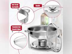Chafing Dish Buffet Set 4 Pack, 5QT Round Stainless Steel Chafer for Catering in Glass Lid, Chafers and Buffet Warmer Sets w/Food & Water Pan, Lid, Frame, Fuel Holder for Event Party Holiday 100