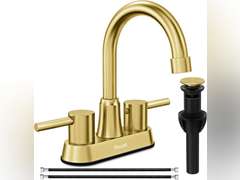 Gold Bthroom Faucet, Brushed Gold Bathroom Faucet, Gold Faucets for Bathroom Vanity, 4 Inch 2 Handle Centerset, Lead-Free, with Copper Pop Up Drain (Brushed Gold) 30