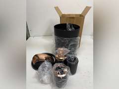 Black Bathroom Accessories Set 9 Piece - Trash Can, Soap Dispenser and Dish, Toilet Brush, Toothbrush Holder, Tumbler, Tray, Cotton Swab Container, Countertop Organizer Decor and Housewarming Gift 40