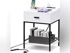 White Nightstand with Charging Station and USB Ports, 3-Tier End Table with Wood Drawer Storage Shelf, Tall Small Bed Side Table for Small Spaces Living Room, Bedroom 61