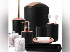 Black Bathroom Accessories Set 9 Piece - Trash Can, Soap Dispenser and Dish, Toilet Brush, Toothbrush Holder, Tumbler, Tray, Cotton Swab Container, Countertop Organizer Decor and Housewarming Gift 40