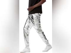 ZEROYAA Mens Metallic Shiny Sweatpants Disco Party Elastic Trousers Size L 30