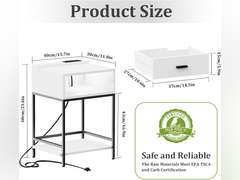 White Nightstand with Charging Station and USB Ports, 3-Tier End Table with Wood Drawer Storage Shelf, Tall Small Bed Side Table for Small Spaces Living Room, Bedroom 61