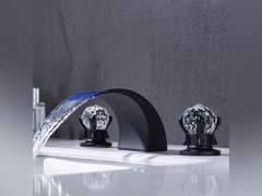 Bathroom Sink Faucet 3 Hole 2 Handle Widespread LED Light Waterfall Faucets with Dual Crystal Handles Basin Mixer Tap 8-Inch Vanity Sink Faucet with Supply Hose, Matte Black 99