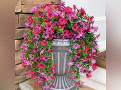 Artificial Flowers for Outdoors Fake Hanging Decoration, 4Pcs Purple and Hotpink Spring Decor, Realistic Plants, UV & Fading Resistant Silk Flower for Porch Patio Balcony Planter Yard 26