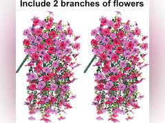 Artificial Flowers for Outdoors Fake Hanging Decoration, 4Pcs Purple and Hotpink Spring Decor, Realistic Plants, UV & Fading Resistant Silk Flower for Porch Patio Balcony Planter Yard 26