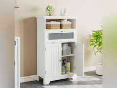 ChooChoo Bathroom Floor Storage Cabinet with Flip Glass Drawer, Freestanding with 2 Doors, Adjustable Shelf & Open Storage for Living Room, Hallway, White 110