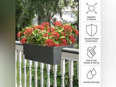 Railing Planter - 20.75-Inch Flower Box with Drainage Insert - 6-Gallon Outdoor Planter Box - Deck, Porch, or Balcony Planter by Pure Garden (Gray) 52