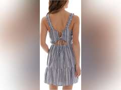 SIMILAR MODEL, Womens Blue Stretch Cut Out Tie Ruffled-Hem Striped Sleeveless Sweetheart Neckline Short Fit + Flare Dress L 22