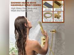 Gold Shower System, 12 Square Rainfall Shower Head with Handheld Combo Spray, Bathroom Brushed Gold Shower Faucet Set with Valve, 59' Shower Hose, Shower Trim Kit and Diverter, Wall Mounted 126