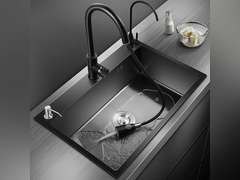 Black Kitchen Sink, Stainless Steel Single Bowl Sink, Drop In/Topmount Workstation Sink with Sliding Accessories, Farmhouse Workstation Sink with Multiple Accessories (21.7 x 17.7in), RXZE031 140
