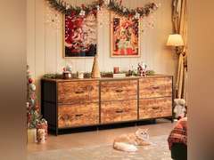 Huuger 63 Inch Long Dresser for Bedroom, Wide TV Stand for 55, 65, 70 Inch TV, 6 Drawer Dresser for Closet with Fabric Drawers, Storage Organizer for Bedroom, Entryway, Rustic Brown 70