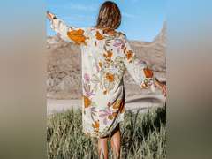 CUPSHE Women Mini Summer Dress Cover Up Oversize Floral Shirt 3/4 Sleeve Cuff Tie Button Down Beach Dresses Cover Up Top, S 38