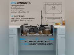 33"x22" Drop In Waterfall Kitchen Sink - 16 Gauge 304 Stainless Steel Gunmetal Black NANO-PVD Multifunctional Single Bowl Smart Workstation Waterfall Sink with Faucet Combo, Glass Rinser 400