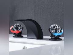 Bathroom Sink Faucet 3 Hole 2 Handle Widespread LED Light Waterfall Faucets with Dual Crystal Handles Basin Mixer Tap 8-Inch Vanity Sink Faucet with Supply Hose, Matte Black 99