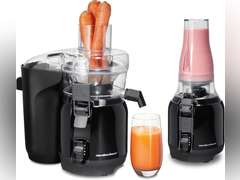 Hamilton Beach Juice & Blend 2-in-1 Juicer Machine and 20 oz. Blender, Big Mouth Large 3 Feed Chute for Whole Fruits and Vegetables, Easy to Clean, Centrifugal Extractor, 800W Motor, Black (67970) 123