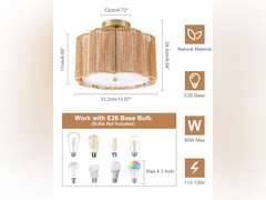 WILON Boho Light Fixture Ceiling Mount, 3-Light Rattan Light Fixture with Fabric Shade, Modern Woven Flower Semi Flush Mount Ceiling Light Fixture for Hallway Entryway Bedroom Nursery Kitchen 45