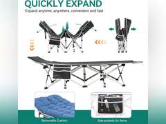 YITAHOME 2 Pcs Camping Cots w/Mattress Portable Louge Chair Outdoor Folding Cot Heavy Duty 575 LB Capacity 1200D Oxford w/Carry Bag Travel Camp Bed for Camping, Office, Traveling, Navy Blue 160