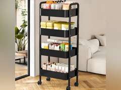 Rolling Cart, Utility Cart, Metal Trolley Cart with Wheels, Detachable Storage Cart with Handle and Lockable Casters for Bathroom,Kitchen,Living Room Office (Black Metal , 4 Layers) 25