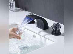 Bathroom Sink Faucet 3 Hole 2 Handle Widespread LED Light Waterfall Faucets with Dual Crystal Handles Basin Mixer Tap 8-Inch Vanity Sink Faucet with Supply Hose, Matte Black 99