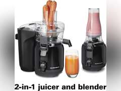 Hamilton Beach Juice & Blend 2-in-1 Juicer Machine and 20 oz. Blender, Big Mouth Large 3 Feed Chute for Whole Fruits and Vegetables, Easy to Clean, Centrifugal Extractor, 800W Motor, Black (67970) 123
