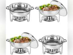 Chafing Dish Buffet Set 4 Pack, 5QT Round Stainless Steel Chafer for Catering in Glass Lid, Chafers and Buffet Warmer Sets w/Food & Water Pan, Lid, Frame, Fuel Holder for Event Party Holiday 100