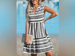 CUPSHE Women's Ruffle Beach Mini Dress Split V Neck A Line Sleeveless Geometric Stripe Tropical Leaf Pattern Summer Dresses si.ze M 38