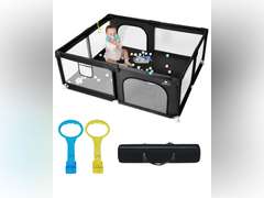 Dearlomum Baby Playpen with Non Removable Mat, Extra Large Play Yard for Babies & Toddlers, Portable Travel Playpen, Baby Activity Center for Indoor & Outdoor Use (Black 59" 71") 80