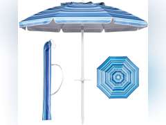 Aoxun Beach Umbrella with Tilt Pole, Portable Sand Anchor and Carry Bag, UPF 50+ Sun Shelter Air Vents Design for Outdoor Activities (Navy Blue & White), 6.5ft(similar model) 32