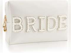 Bride Patch Letter Makeup Bag for Women Bridesmaid Engagement Gift for Her White Pearl Rhinestone Travel Toiletry Bag Make Up Bag Pouch for Purse Bridal Shower Gifts for Engagement Wedding 10