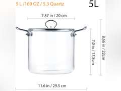 Glass Cooking Pot Sauce Pan with Lid Cover 5L / 5.3 Quartz Heat Resistant Simmer Pot for Stove Potpourri, Pasta, Soup, Salad, Clear Glass Pots for Cooking Stock Pot Borosilicate Glass Cookware 89