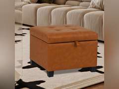 Adeco Faux Leather Storage Ottoman with Hinged Lid, 14 Inch High Orange Square Cube Foot Stool with Storage, Upholstered Vanity Stool with Solid Wood Legs for Living Room, Bedroom, Dorm 87
