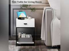 White Nightstand with Charging Station and USB Ports, 3-Tier End Table with Wood Drawer Storage Shelf, Tall Small Bed Side Table for Small Spaces Living Room, Bedroom 61
