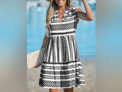 CUPSHE Women's Ruffle Beach Mini Dress Split V Neck A Line Sleeveless Geometric Stripe Tropical Leaf Pattern Summer Dresses si.ze M 38