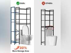 8-Tier Over The Toilet Storage with Side Rack, Over Toilet Storage Rack with Adjustable Shelf & Drain Basket, Freestanding Bathroom Organizer for Balcony, Laundry (Pure Black) some screws might be missing 90