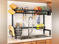 (SIMILAR MODEL) Over The Sink Dish Drying Rack, Adjustable (30" to 41.5") Large Dish Drainer Drying Rack for Kitchen Counter with Multiple Baskets Utensil Sponge Holder Sink Caddy, 2 Tier Black 40