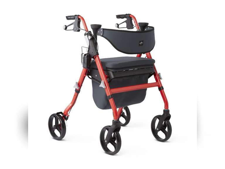 Medline Premium Empower Rollator Walker with Seat, Comfort Handles and Thick Backrest, Folding Walker for Seniors, 8" Wheels, Red Frame 216
