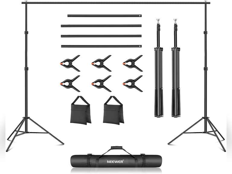 (Similar)Neewer Photo Studio Backdrop Support System, 10ft/3m Wide 6.6ft/2m High Adjustable Background Stand with 4 Crossbars, 6 Backdrop Clamps, 2 Sandbags, and Carrying Bag for Portrait & Studio Photography 39