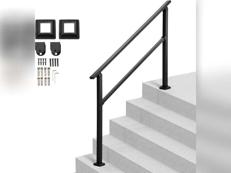 VEVOR Outdoor Handrails for Steps, 4-5 Step Stair Rail Kit, Black Square Tube with Horizontal Bar, Carbon Steel Support Rails for Seniors, Concrete & Deck Stairs, Easy Installation 64