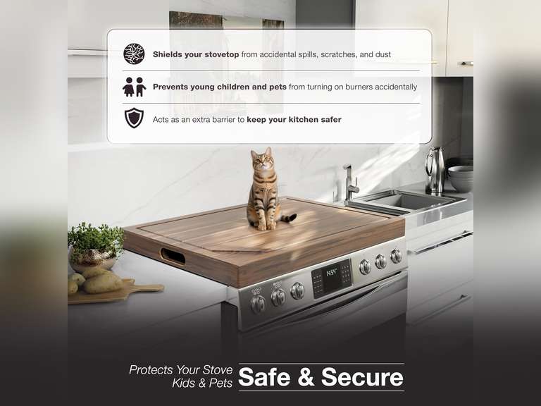 BLUEWEST Noodle Board Stove Cover with Handles, 3 in 1 Wood Stove Top Covers Board for Gas Burners and Electric Stove, Wooden RV Stovetop Cover, Tray for Kitchen Counter Space with Juice Grooves 170