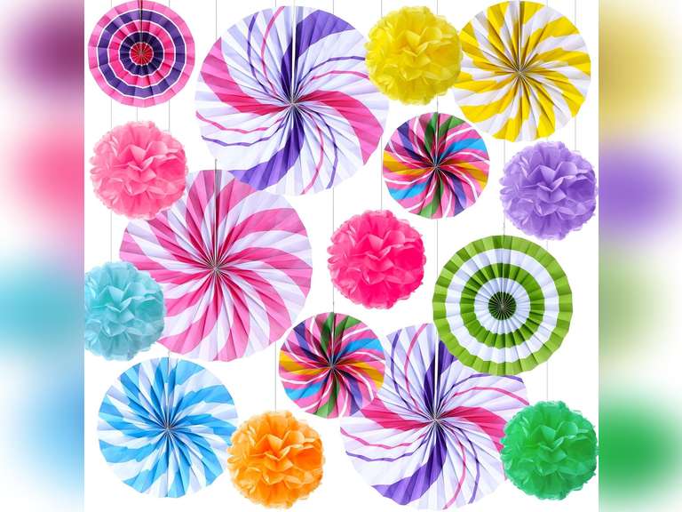 Outus 21 Pcs Party Decorations Hanging Paper Fans Candy Classroom Decorations Lollipop Tissue Pom Poms for Garland Ceilings Candyland Theme Birthday Party Supplies (Pom Poms) 14