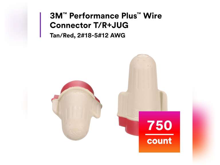 3M Performance Plus Wire Connector T/R+JUG, Tan/Red, Flexible Steel Spring Connectors, Smooth, Comfortable Feel, Copper, CSA Certified, UL Listed, Jug of 750, 22-8 AWG 105
