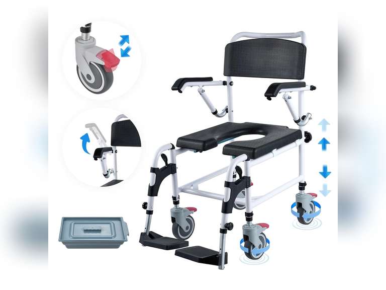 VEVOR Toilet Wheelchair with 4 Locking Casters, Footrest, Folding Arms Adjustable Height 3 Tier Removable Bucket 5L 350lbs Capacity for Adults and Seniors 382