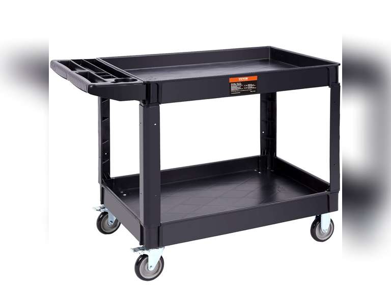 VEVOR Utility Service Cart, 2 Shelf 550LBS Heavy Duty Plastic Rolling Utility Cart with 360 Swivel Wheels (2 with Brakes), Large Lipped Shelf, Ergonomic Storage Handle for Warehouse/Garage/Cleaning 108