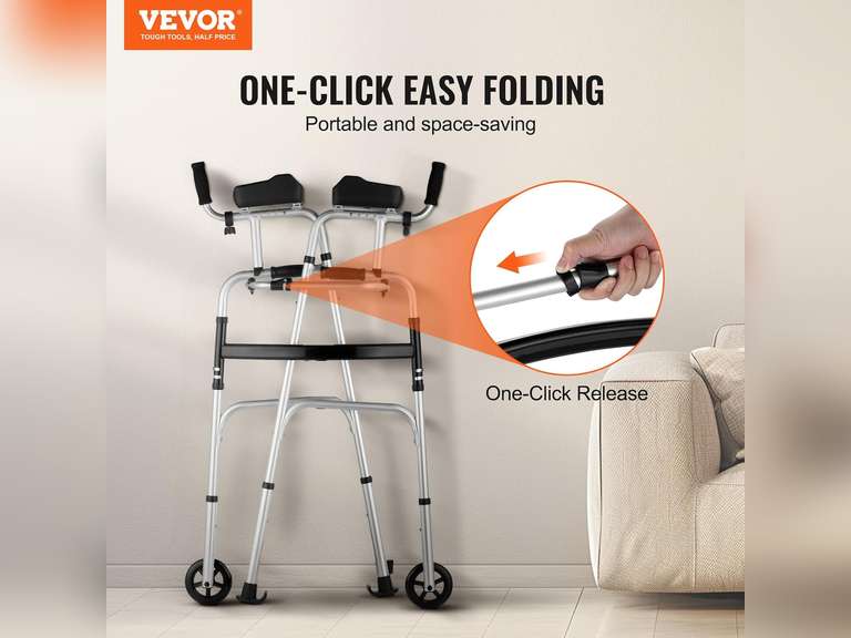 VEVOR 2 in 1 Folding Walker & Removable Armrests, Height Adjustable Foldable Walker with 5" Solid Wheels, Lightweight Aluminum | Front Wheeled Mobility Aid for Elderly Handicapped Disabled, 450 Pounds 80