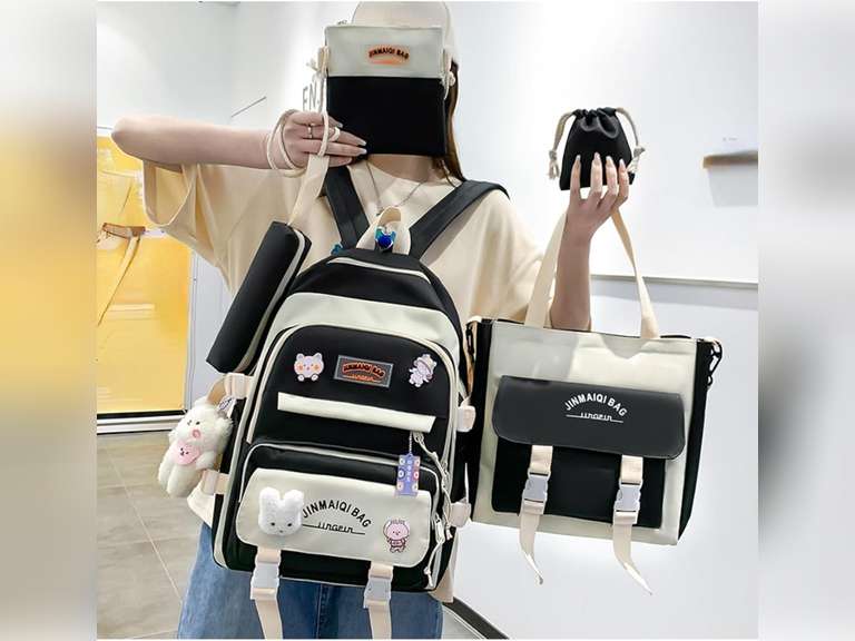 5Pcs Kawaii Cute Backpacks Combo Set with Bear Pendant Pins Patchwork Japanese Aesthetic Anime Bunny Daypack Bag Kit (Black) 32