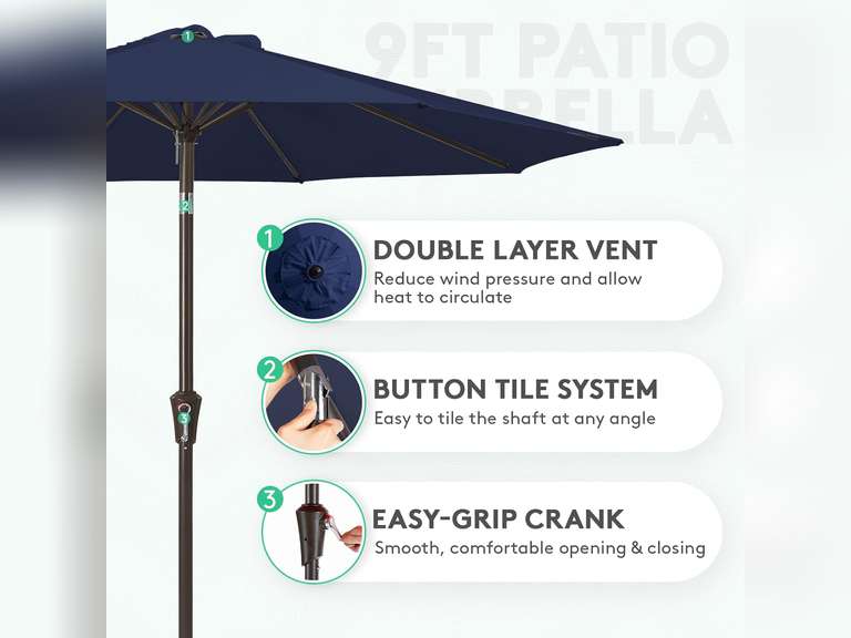JEAREY Outdoor Patio Umbrella 9FT Push Button Tilt & Crank Market Umbrella, 8 Ribs Heavy Duty UV Protection Waterproof Umbrella for Pool, Deck, Garden 260